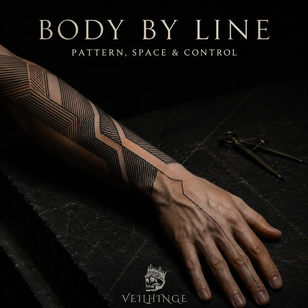 Dark editorial cover featuring a geometric blackwork tattoo following the lines, tendons, and negative space of a forearm and hand.