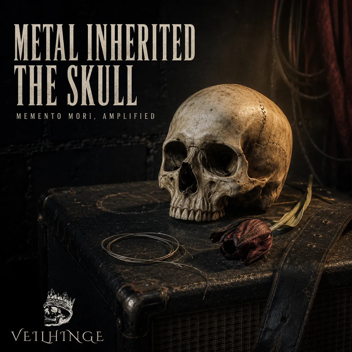 Human skull, broken guitar string and wilted tulip resting on a worn amplifier as a heavy metal memento mori still life.