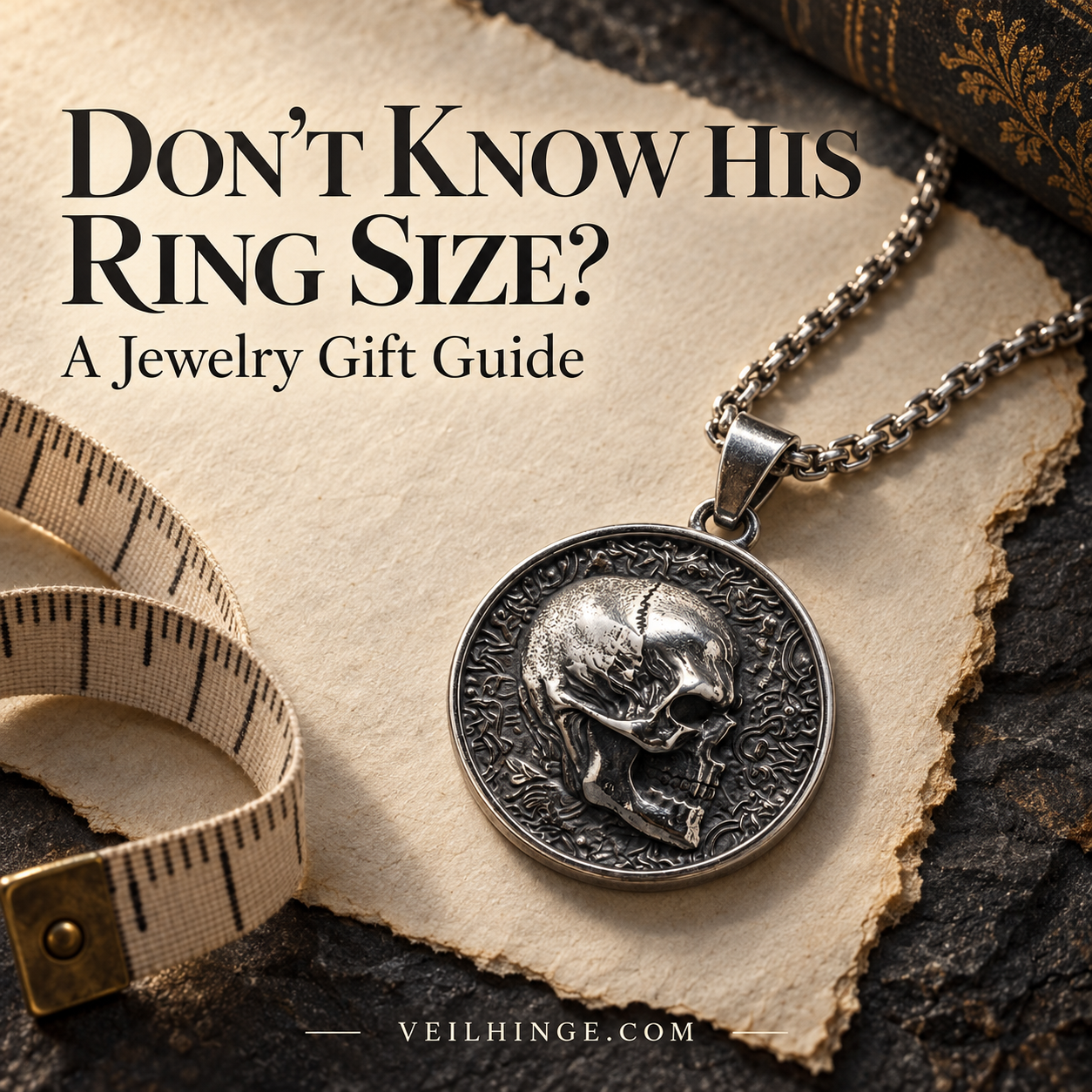 VEILHINGE reversible skull medallion necklace beside a cloth measuring tape on ivory paper, with the title Don't Know His Ring Size? A Jewelry Gift Guide.