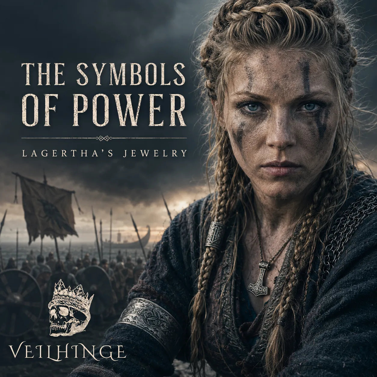 Shieldmaiden wearing a Mjolnir pendant and engraved oath arm ring before a distant Viking shield wall.