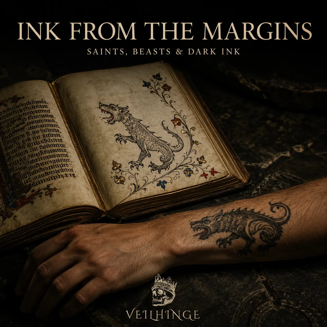 Dark editorial cover showing a medieval illuminated manuscript beast beside its modern black-ink interpretation tattooed on a forearm.