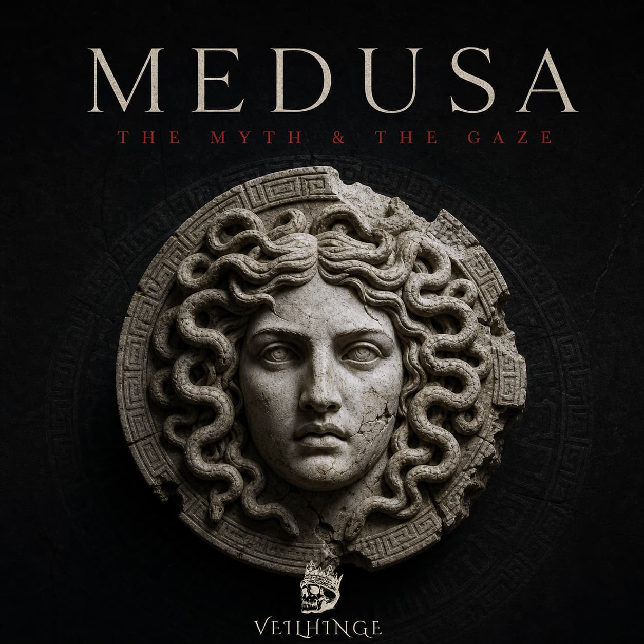 Dark editorial cover featuring a weathered ancient Greek Medusa Gorgoneion with serpent hair, a direct protective gaze, and the VEILHINGE logo.
