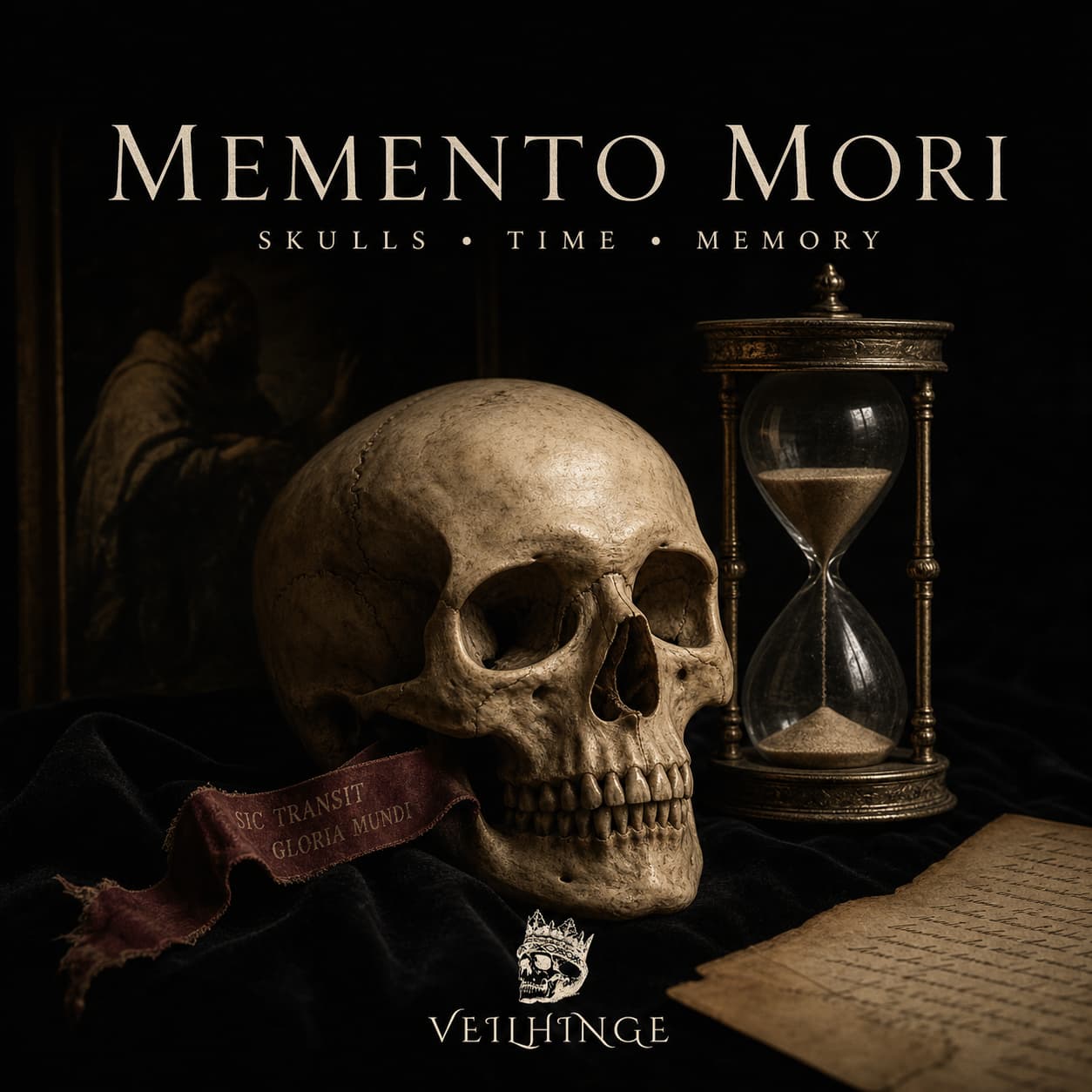 Dark vanitas-inspired cover featuring a weathered human skull and antique hourglass, symbolizing mortality, passing time, and memory.