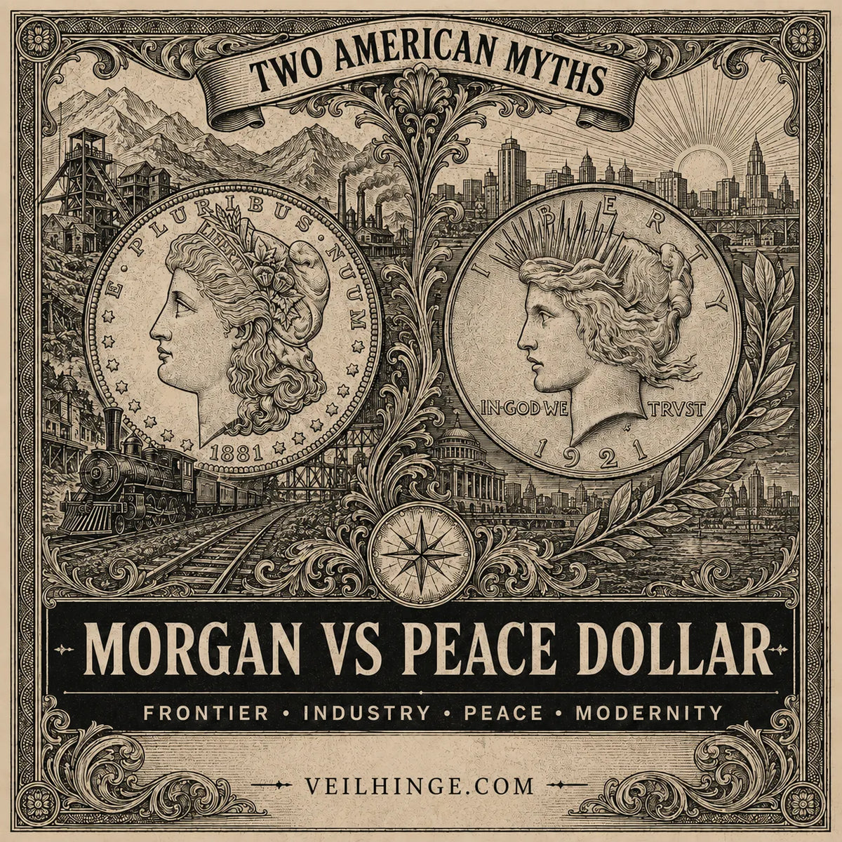 Vintage engraved Morgan and Peace dollars with railroad, mining, city and olive branch imagery representing two American myths.