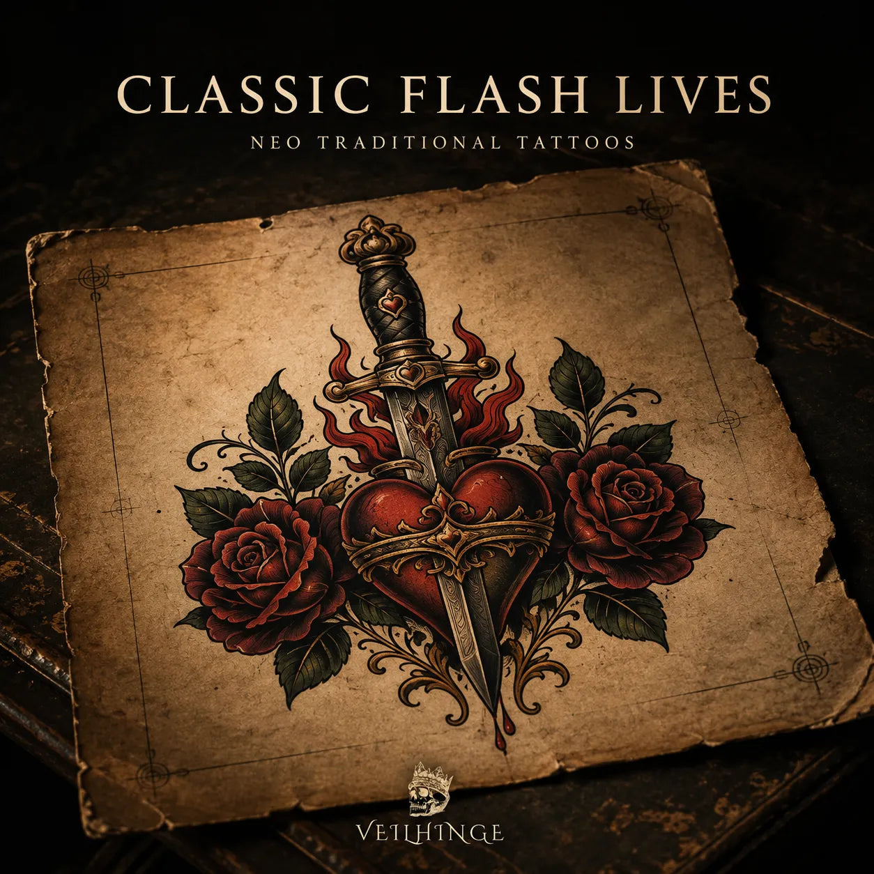 Dark editorial cover featuring an aged tattoo flash sheet with a richly shaded neo traditional dagger, sacred heart, and oxblood roses.