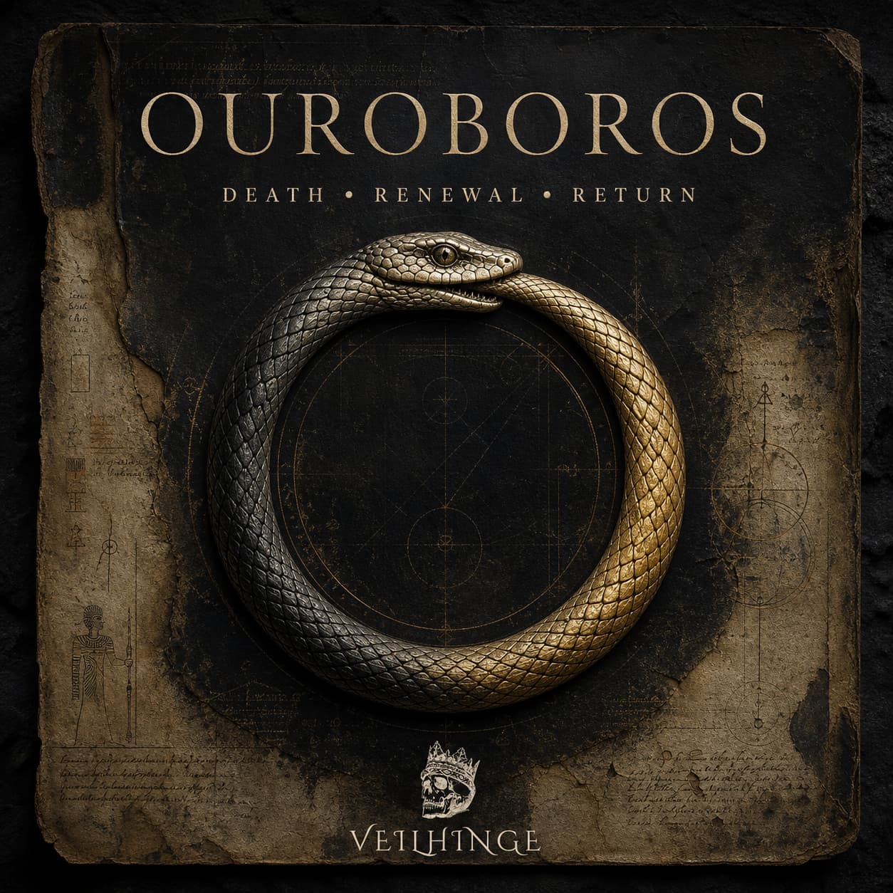 Dark editorial cover featuring an ancient Ouroboros serpent biting its tail in a perfect circle, symbolizing death, renewal, eternity, and return.