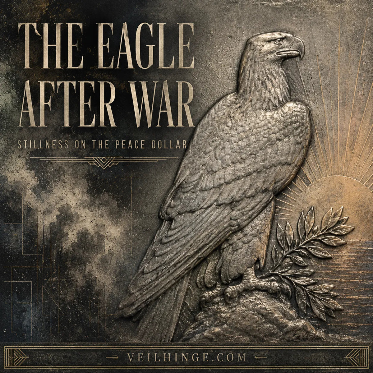 Monumental silver relief of the Peace Dollar eagle at rest beside an olive branch and restrained sunrise rays.