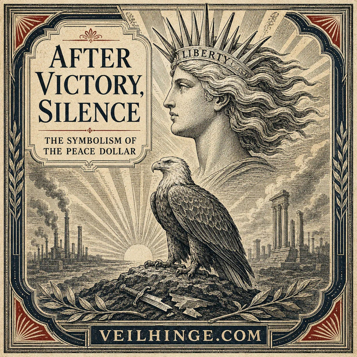 Vintage engraving of Liberty and a resting eagle with a broken sword and olive branches, representing Peace Dollar symbolism after war.