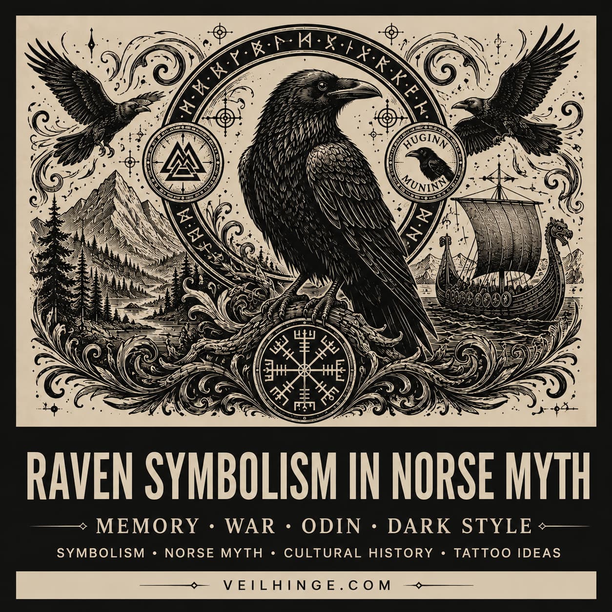 Raven symbolism in Norse mythology — Huginn and Muninn, Odin's ravens, with Vegvisir, Valknut, and Viking longship illustration