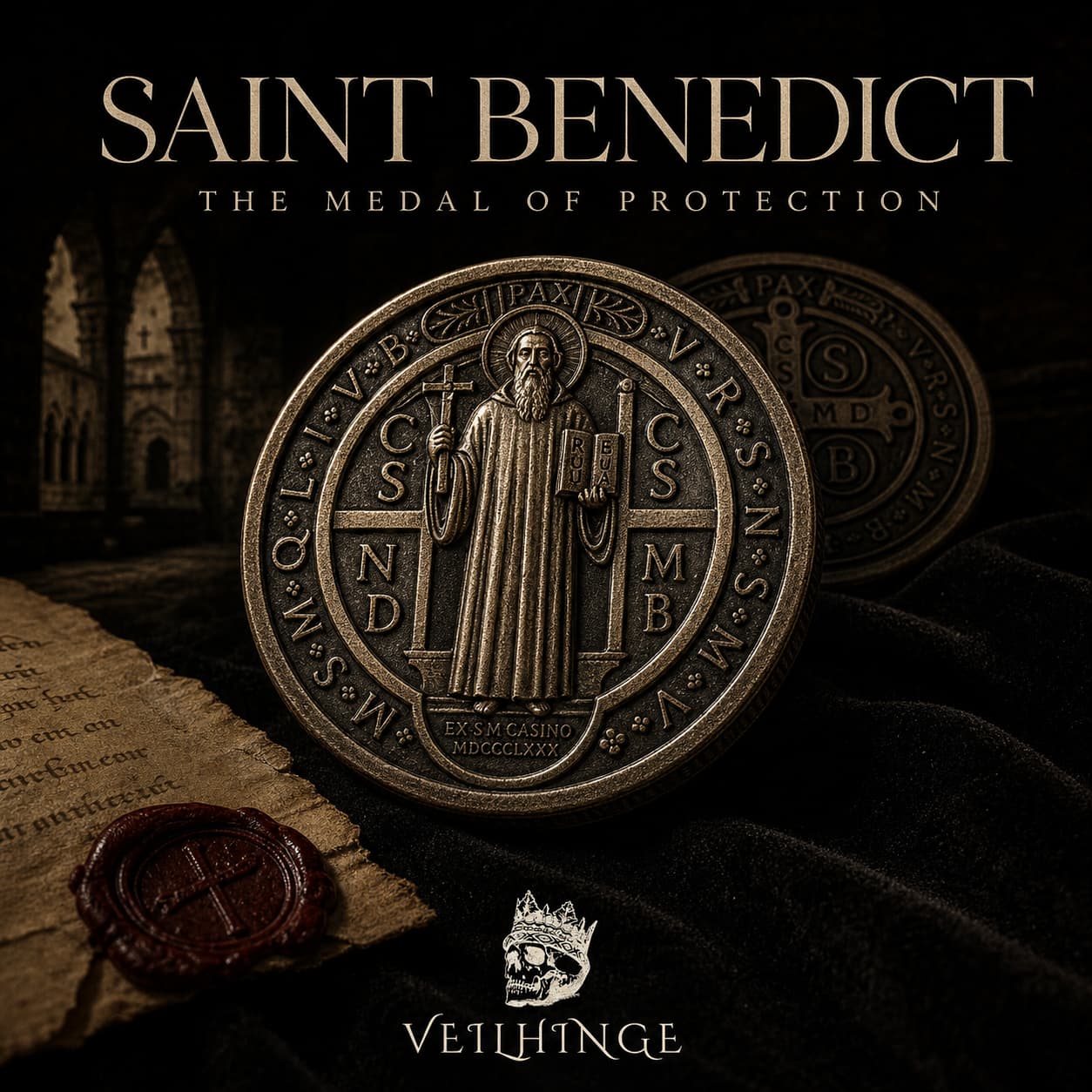 Dark editorial cover featuring an antique Saint Benedict Medal with the saint, cross, and protective Latin symbols illuminated by candlelight against a Benedictine monastery backdrop.