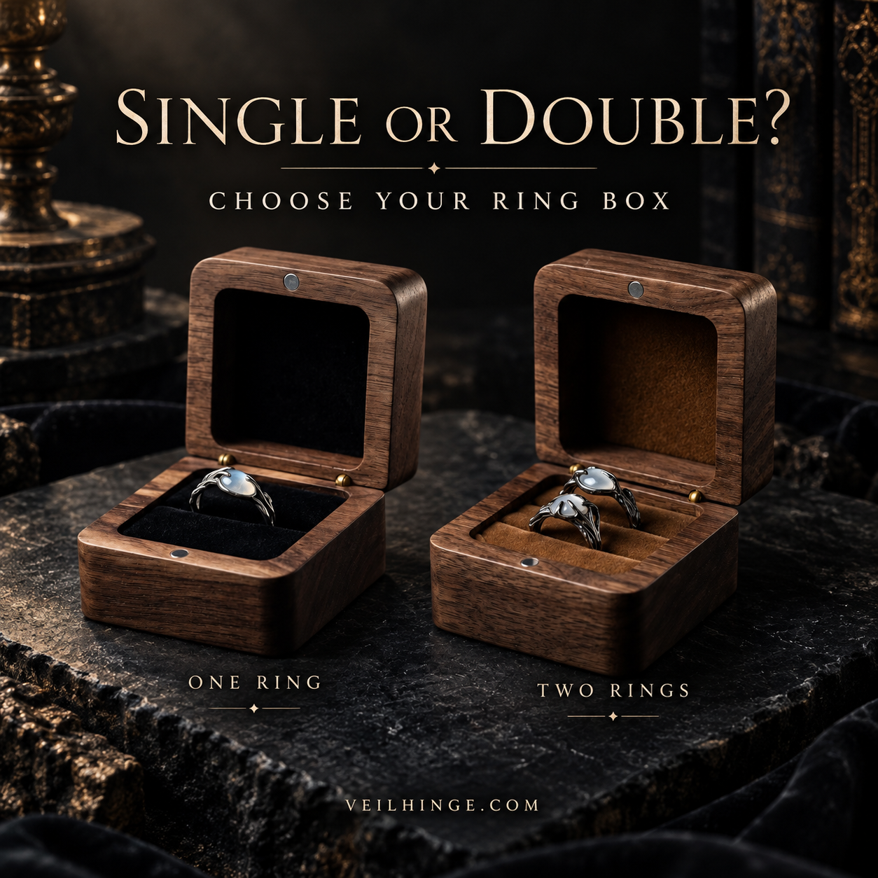 Single and double walnut ring boxes shown side by side, with the title Single or Double?