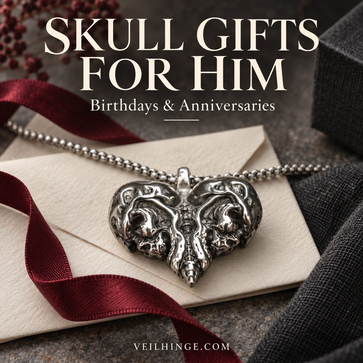 VEILHINGE skull heart necklace on an ivory envelope with burgundy ribbon, with the title Skull Gifts for Him: Birthdays & Anniversaries.