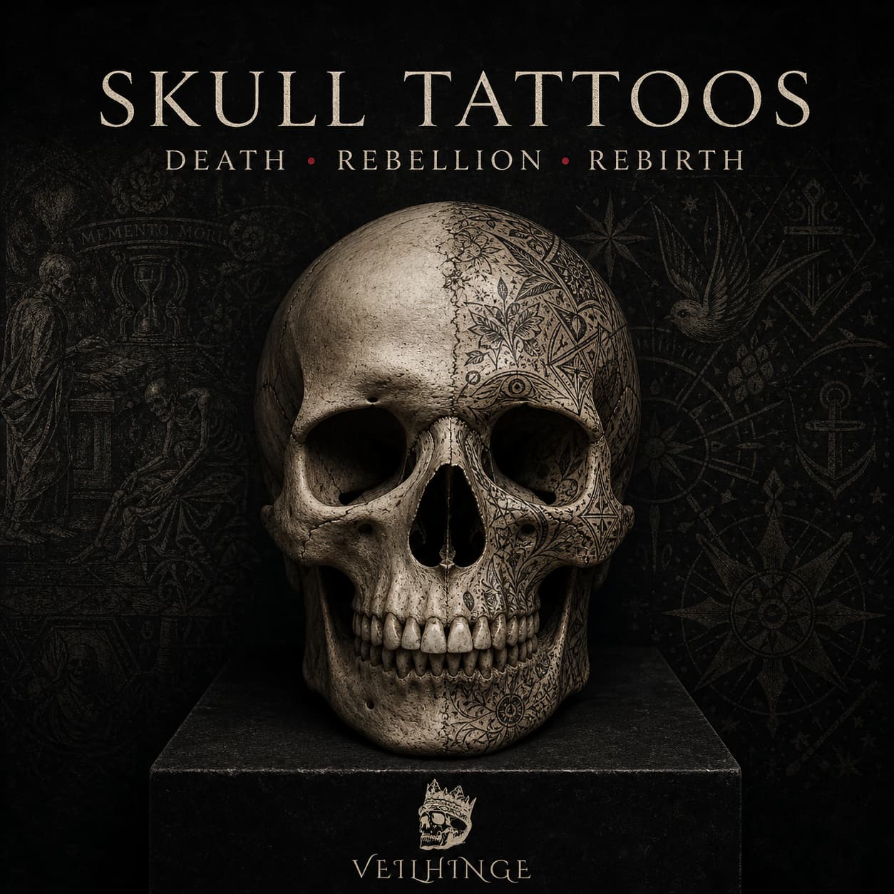 Dark editorial cover featuring an anatomical skull merging with blackwork engraving, representing mortality, rebellion, protection, remembrance, and rebirth.