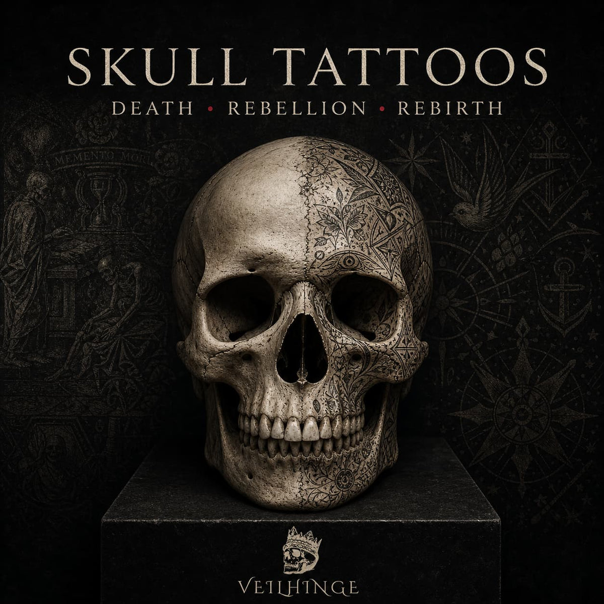 Dark editorial cover featuring an anatomical skull merging with blackwork engraving, representing mortality, rebellion, protection, remembrance, and rebirth.