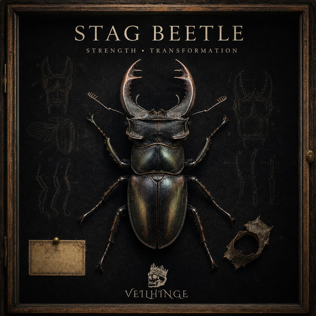 Dark natural-history cover featuring a male stag beetle specimen with antler-like mandibles, symbolizing strength, perseverance, and transformation.