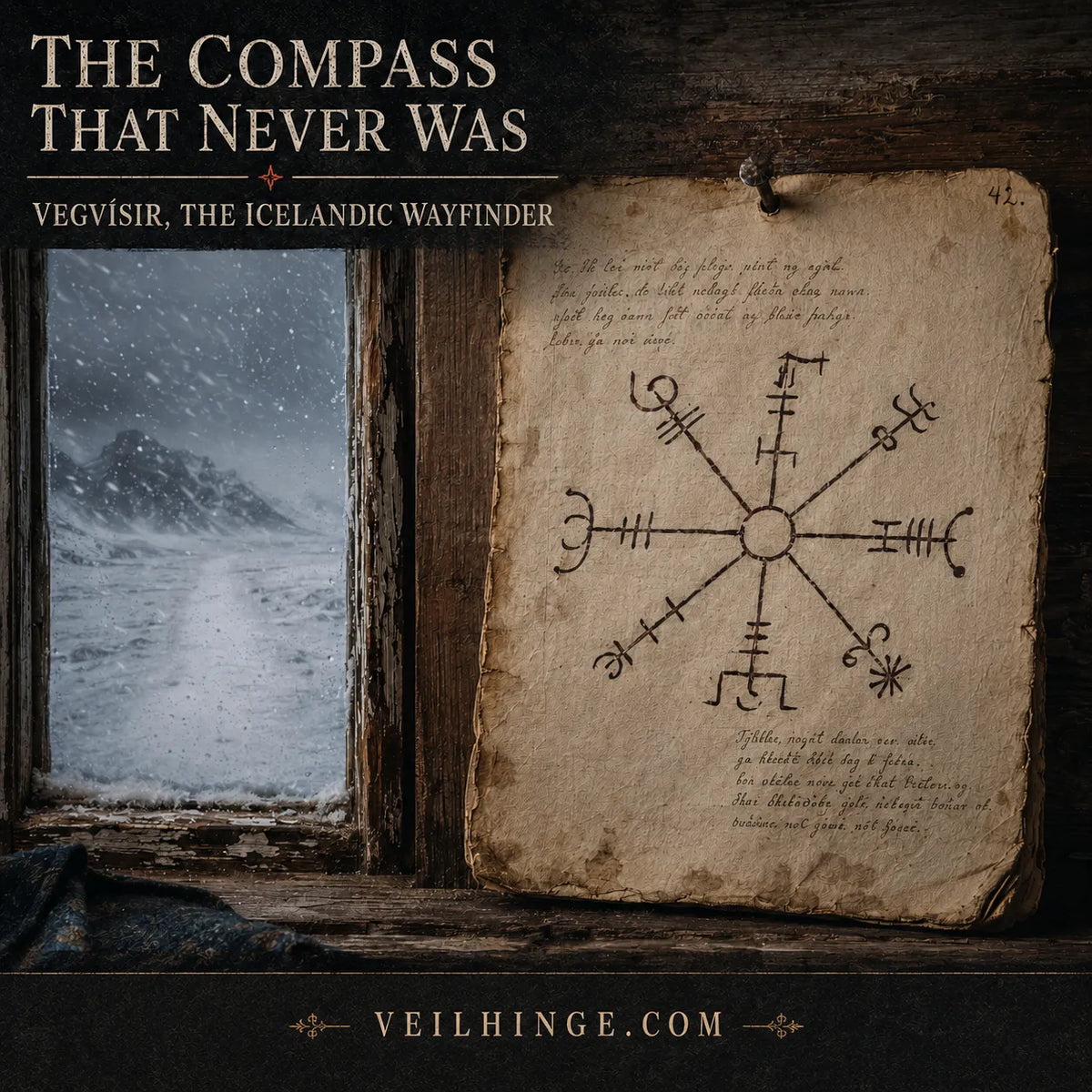 Vegvisir drawn on an Icelandic manuscript beside a snowstorm, distinguishing the wayfinder from a Viking navigation compass.