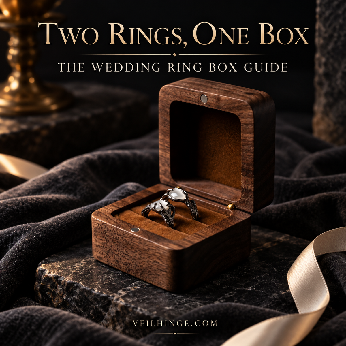 Open walnut double ring box holding two rings on charcoal fabric, with the title Two Rings, One Box.