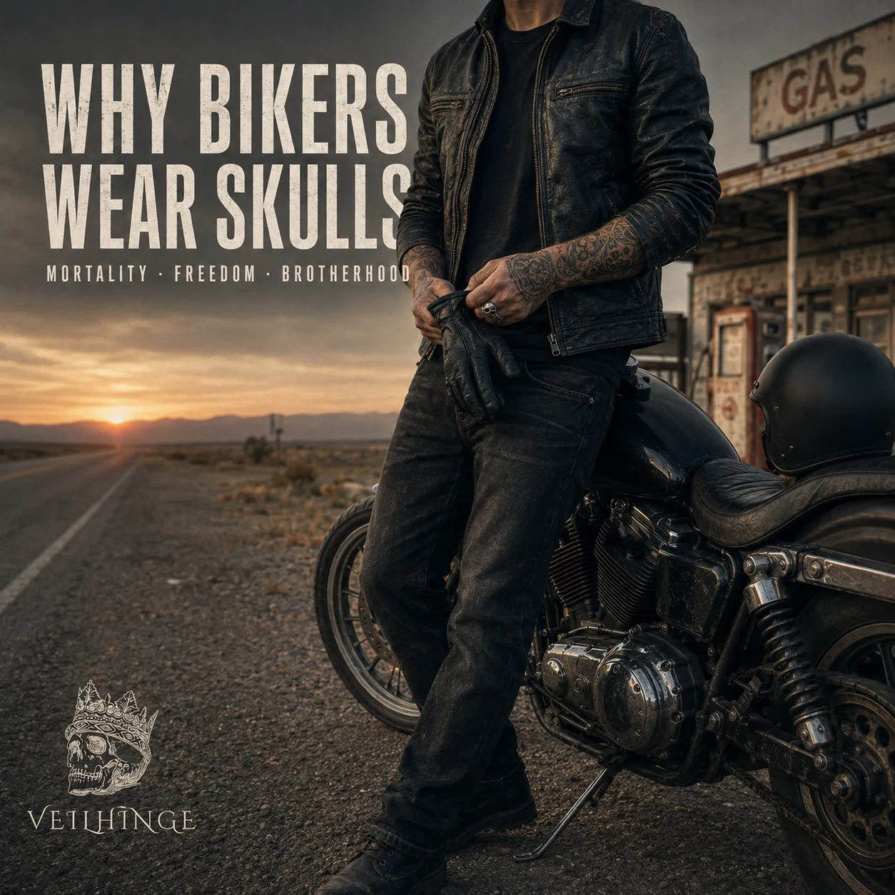 Tattooed biker wearing a silver skull ring while adjusting his gloves beside a black cruiser motorcycle on an open highway.