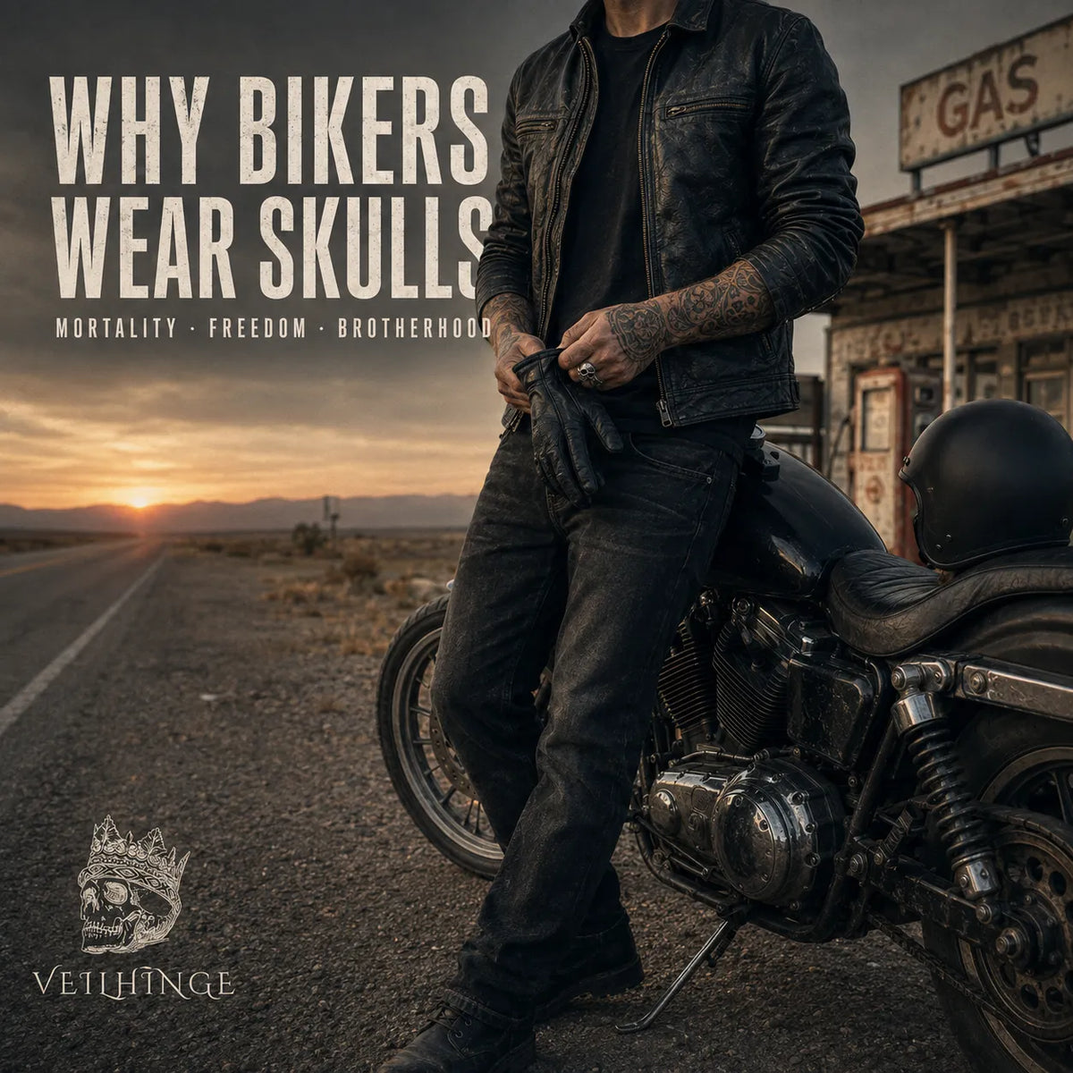 Tattooed biker wearing a silver skull ring while adjusting his gloves beside a black cruiser motorcycle on an open highway.