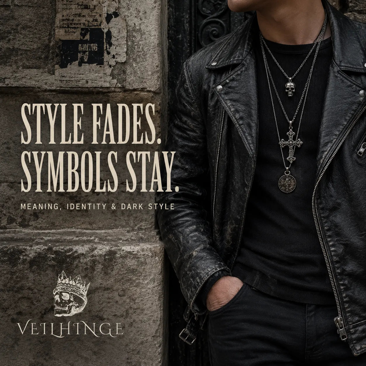 Candid street-style portrait in worn black leather with layered symbolic silver pendants, illustrating how meaning and identity outlast trends.