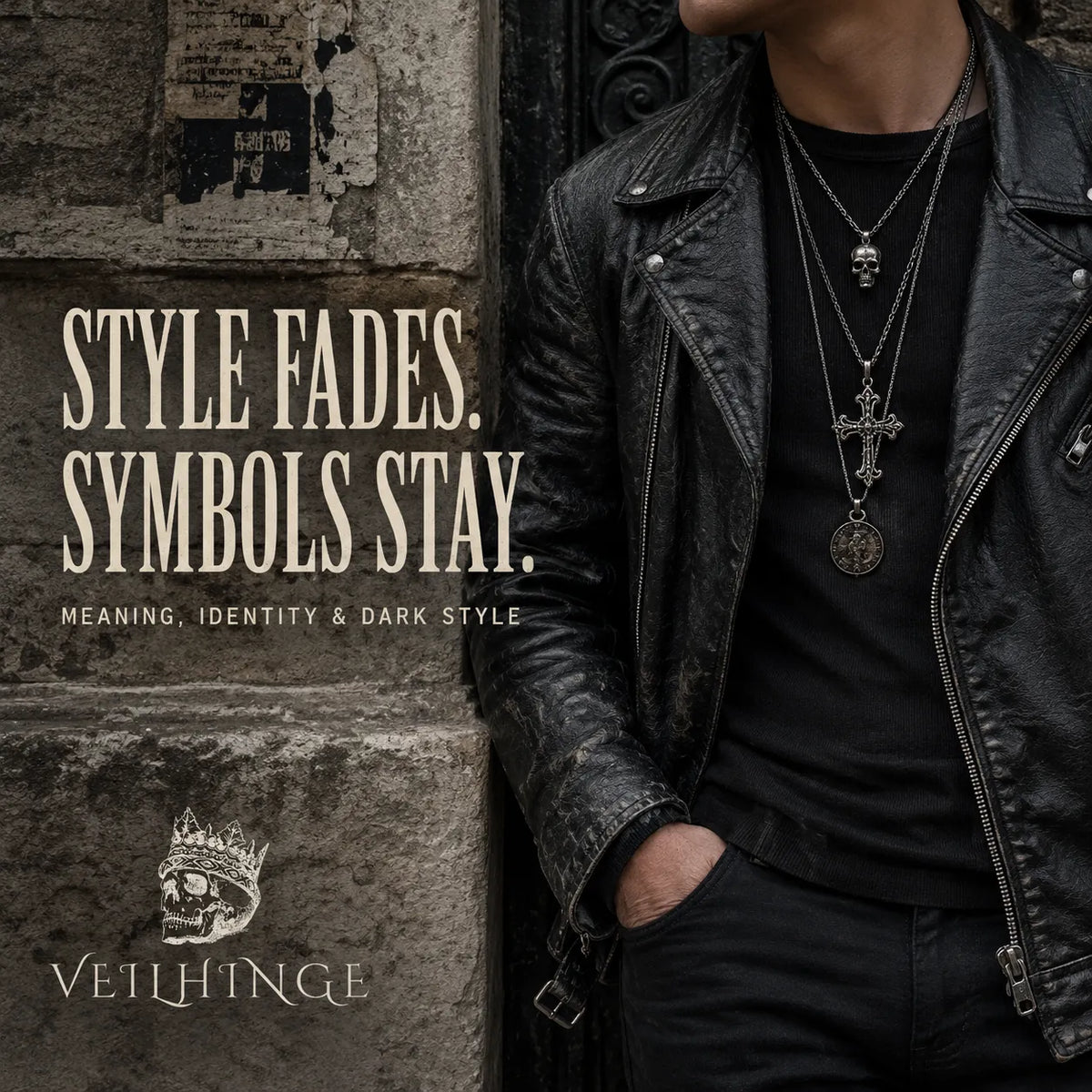 Candid street-style portrait in worn black leather with layered symbolic silver pendants, illustrating how meaning and identity outlast trends.