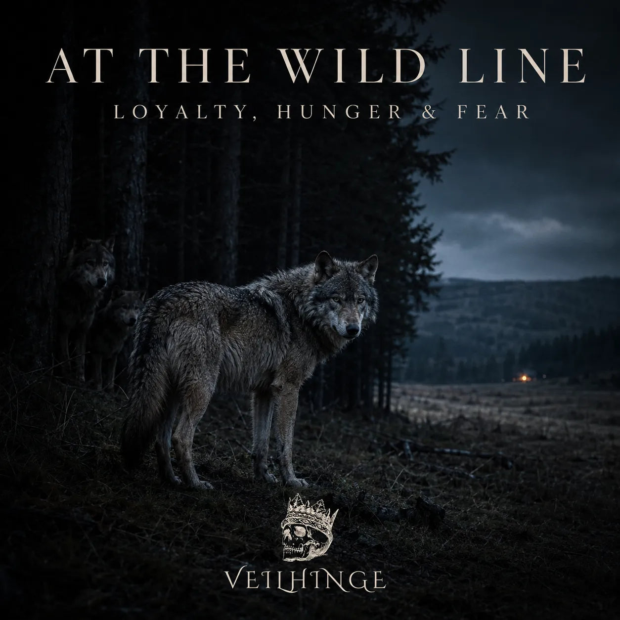 Gray wolf standing between a dark forest, its hidden family group and a distant human fire, symbolizing loyalty, hunger, fear and the boundary of the wild.
