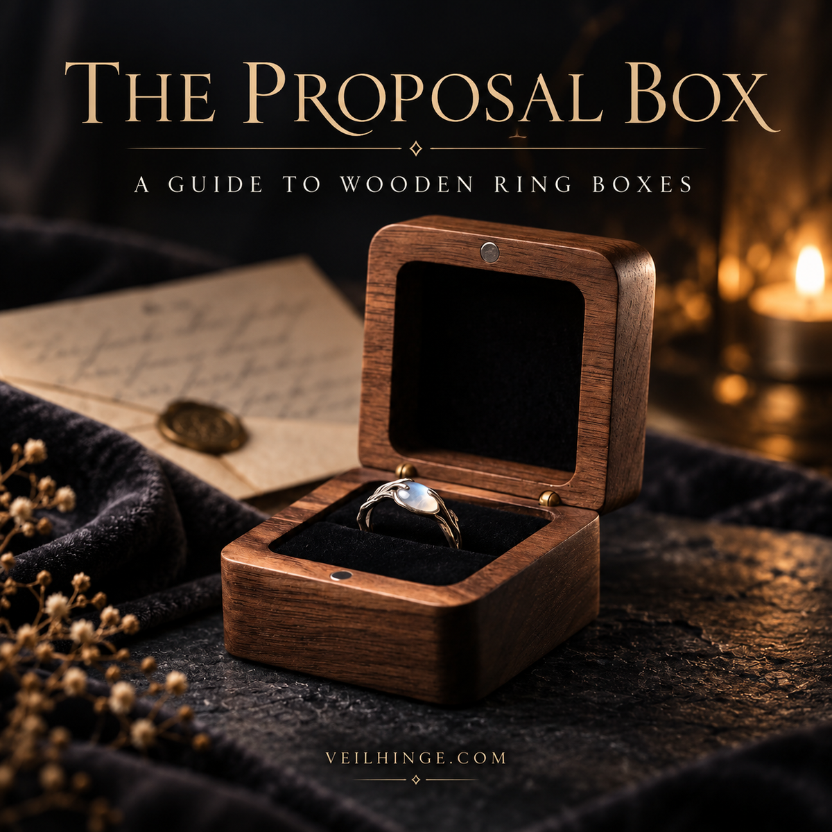 Open walnut single ring box in a dark proposal-inspired setting, with the title The Proposal Box.
