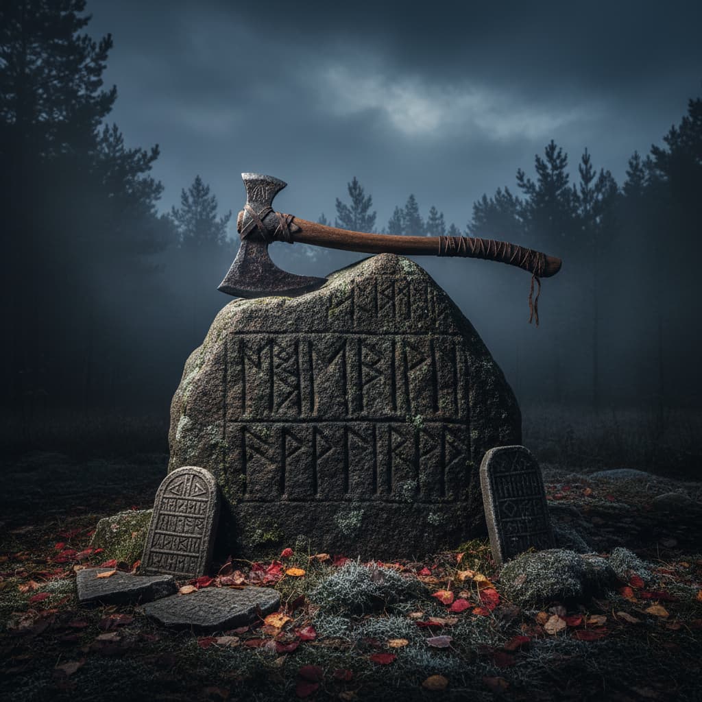 Viking axe resting on ancient runestone in misty Nordic forest — Elder Futhark carvings, dark atmospheric editorial, Norse symbolism blog cover