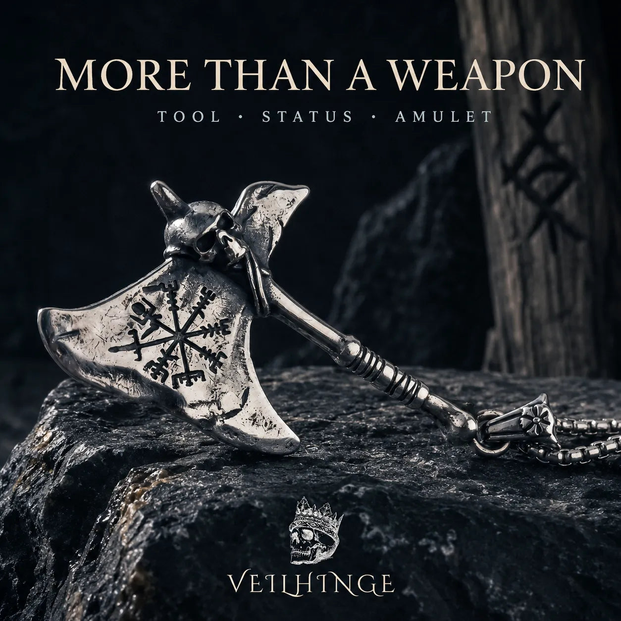 Antique silver Viking axe necklace with skull and Norse symbol resting on dark stone beneath the words More Than a Weapon.