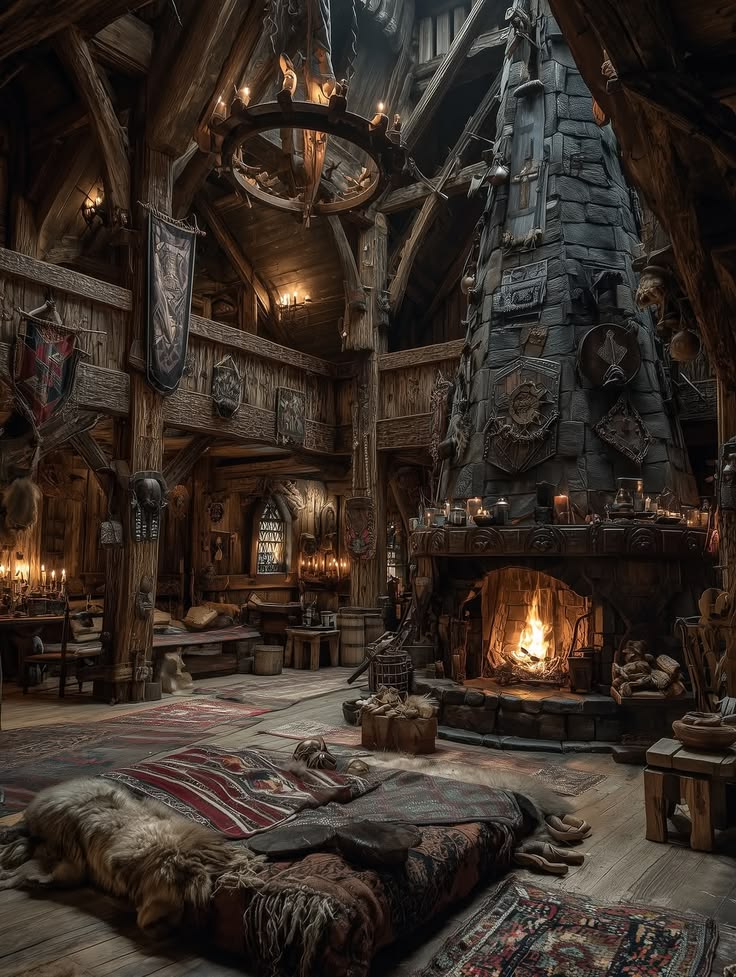 Viking longhouse interior with central fire pit — dark atmospheric hall where Norse oaths were sworn on arm rings