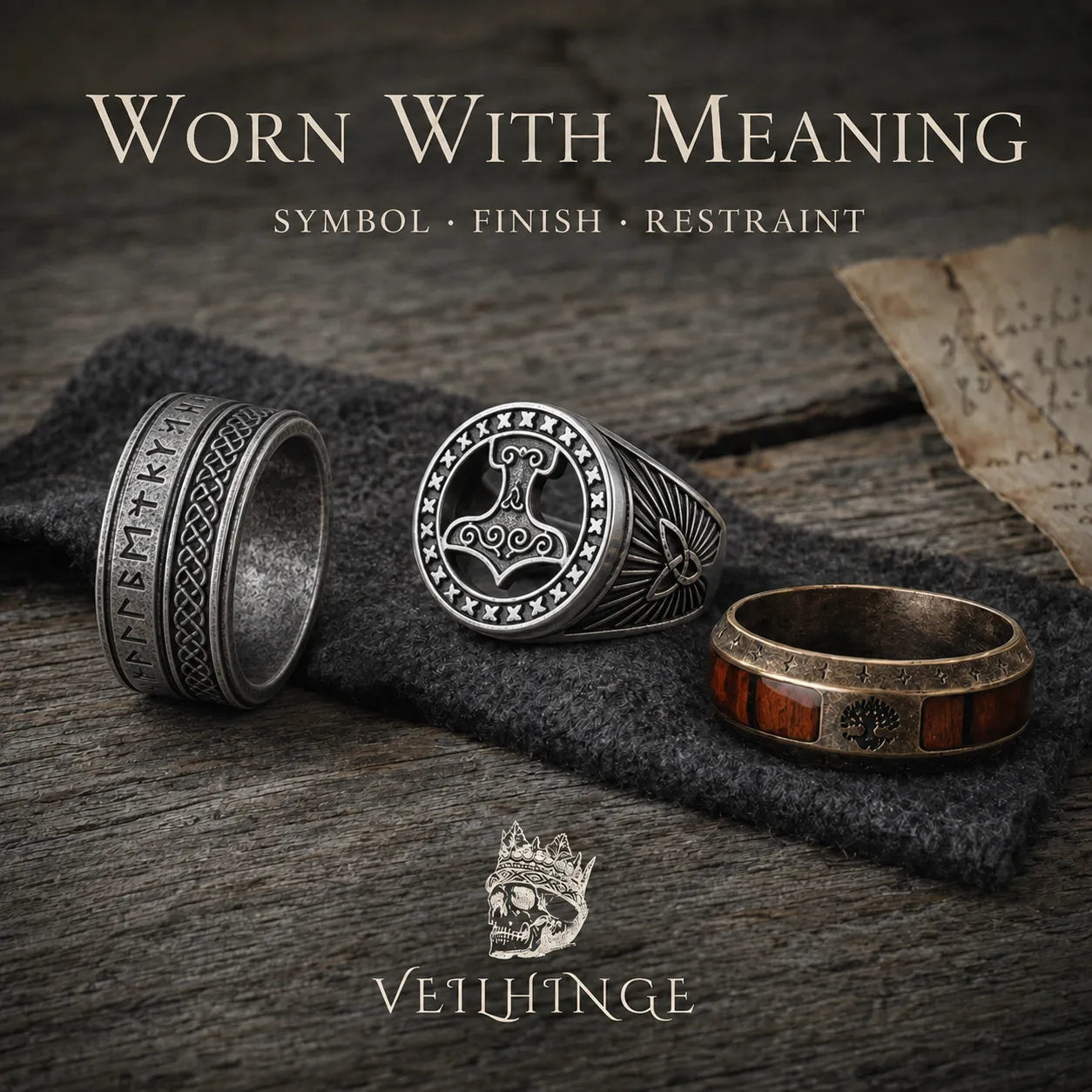 Oxidized silver Mjölnir signet ring, wide Norse rune and knotwork ring, and Yggdrasil wood-inlay band displayed on a medieval-fair artisan table.