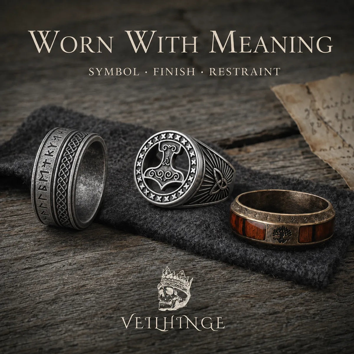 Oxidized silver Mjölnir signet ring, wide Norse rune and knotwork ring, and Yggdrasil wood-inlay band displayed on a medieval-fair artisan table.