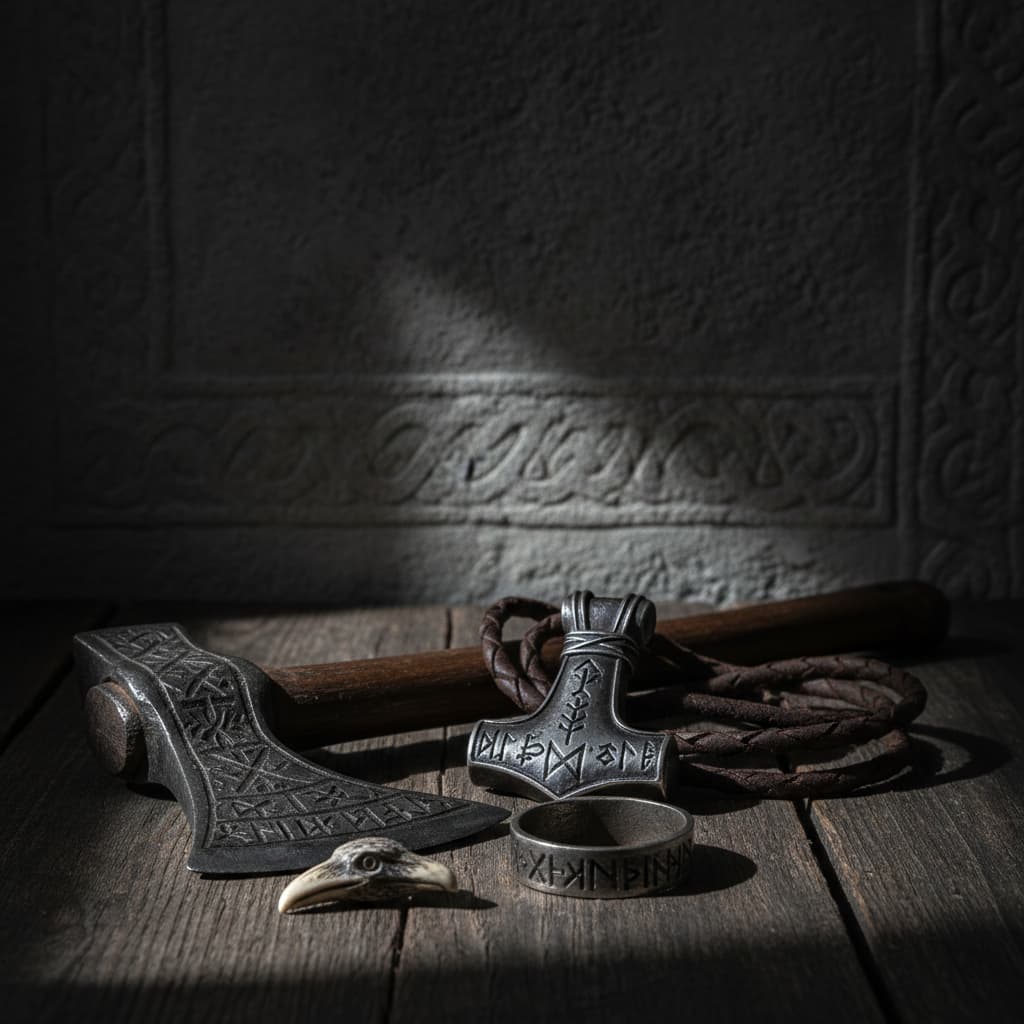 Viking iron axe, Mjolnir pendant, and Elder Futhark rune ring arranged on dark weathered wood — Norse material culture, cold cinematic light