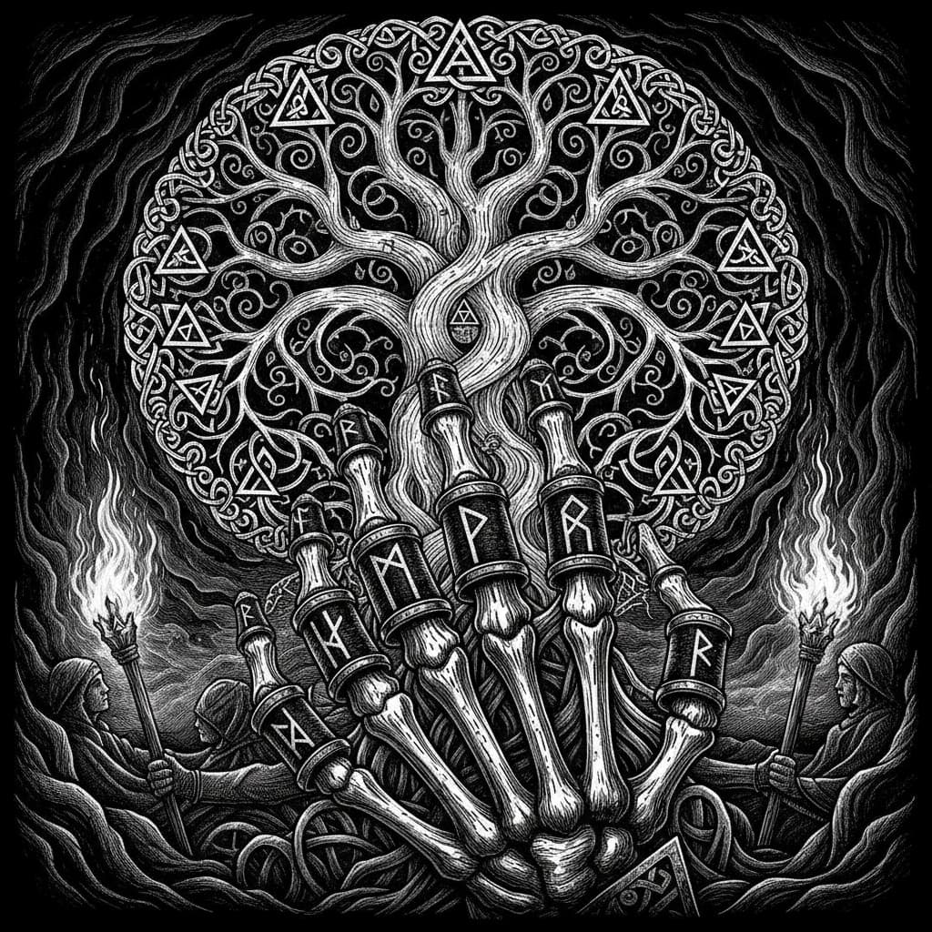 Viking skeleton hand wearing Norse rune rings with Yggdrasil World Tree – Victorian woodcut style illustration for dark aesthetic Norse jewelry guide