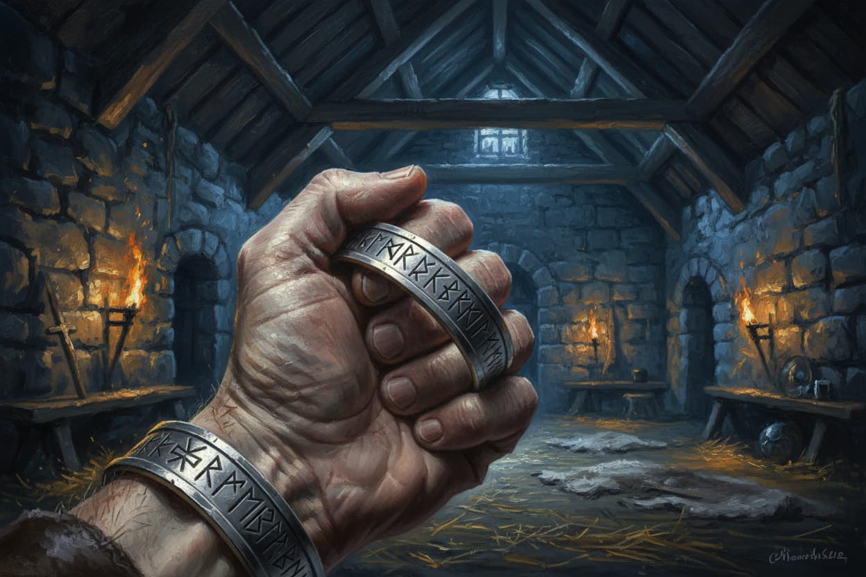 Oil painting style illustration of a weathered hand holding a heavy silver Viking arm ring engraved with runic symbols, lit by amber torchlight in a Norse mead hall — dark aesthetic viking jewelry blog cover by Veilhinge