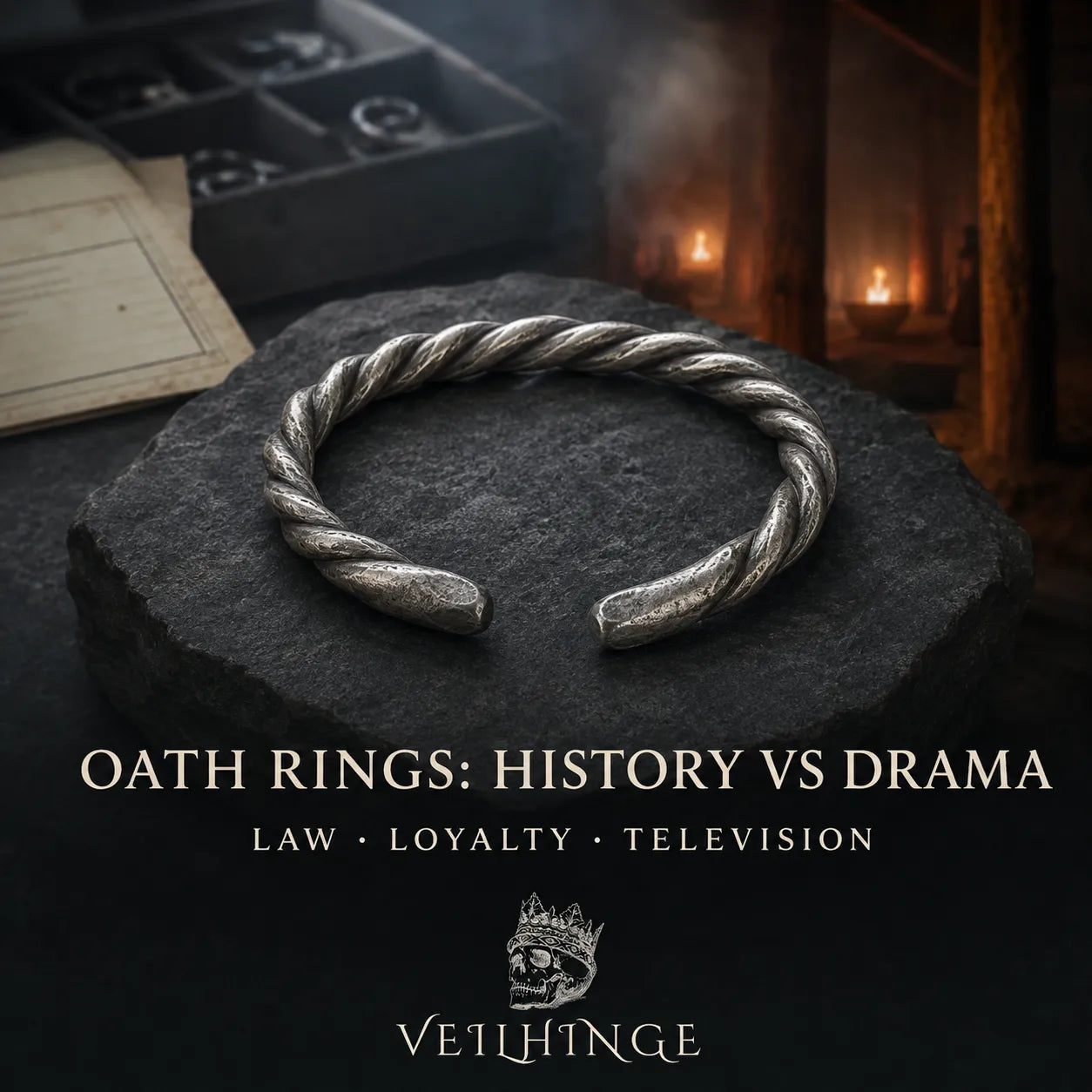 Twisted silver Viking arm ring displayed between a cool archaeological archive and a firelit Norse longhouse setting.