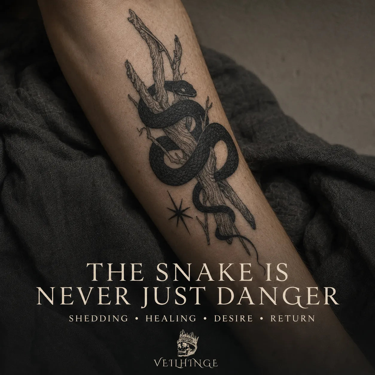 Blackwork snake tattoo coiling around a weathered forked branch on a naturally textured forearm.