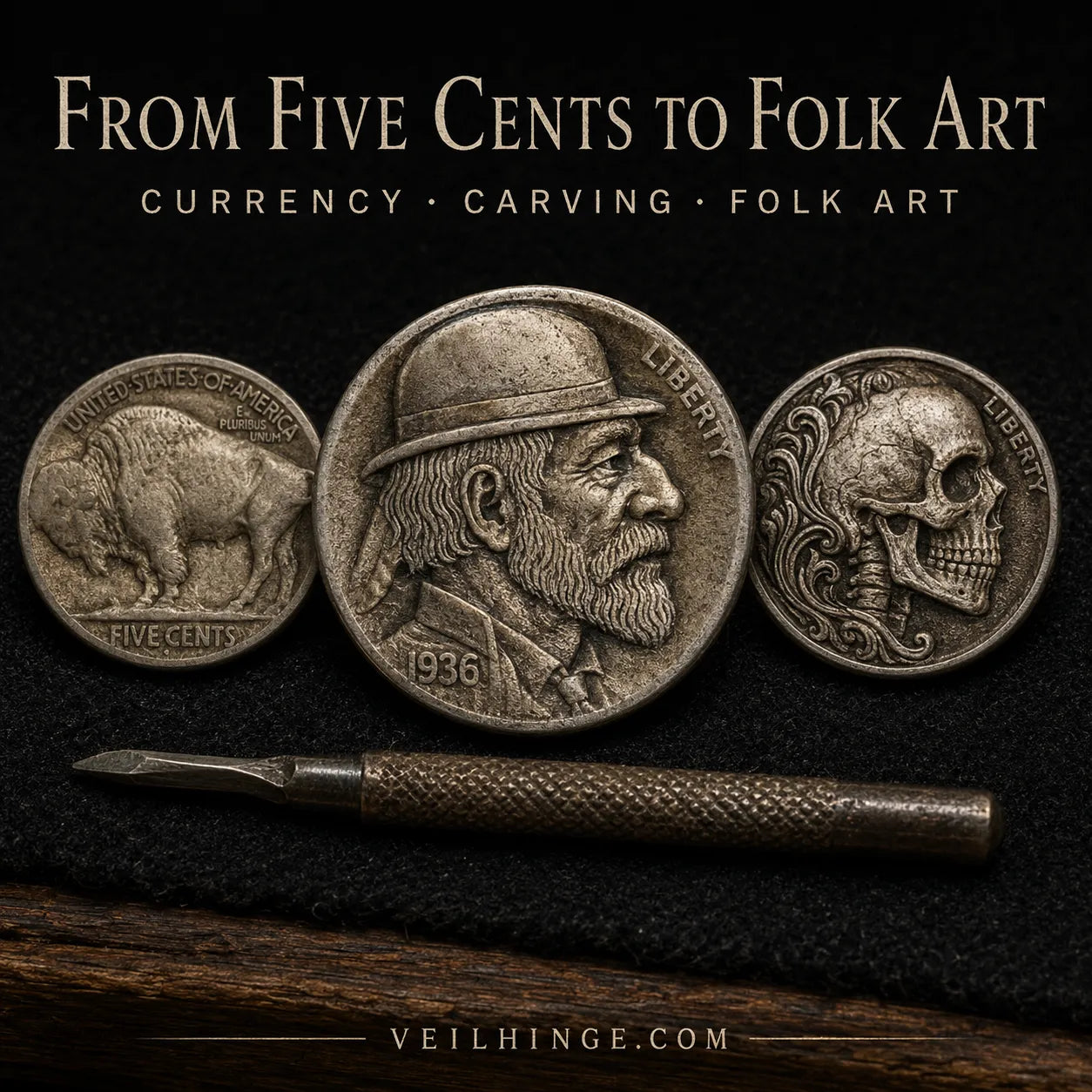 Buffalo nickel, traditional bearded hobo nickel and modern skull coin art displayed beside a hand engraving tool.