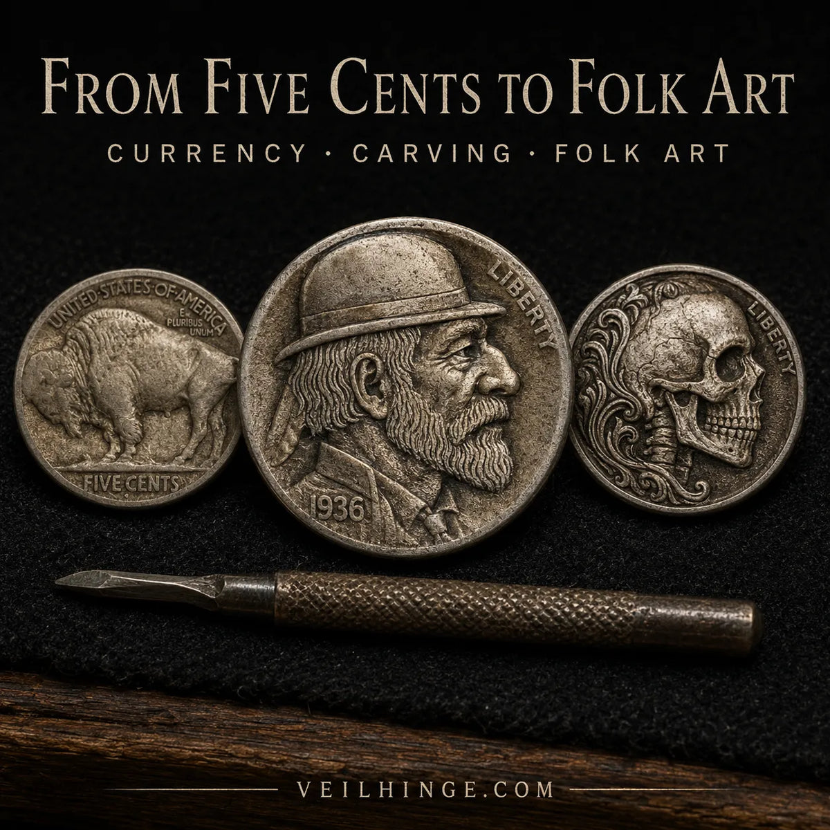 Buffalo nickel, traditional bearded hobo nickel and modern skull coin art displayed beside a hand engraving tool.