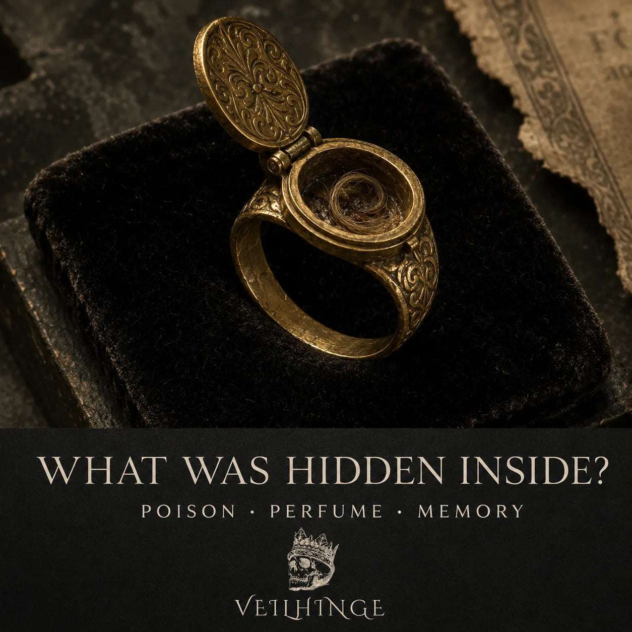 Open antique gold poison ring with a hinged lid and hidden compartment displayed on worn black velvet.