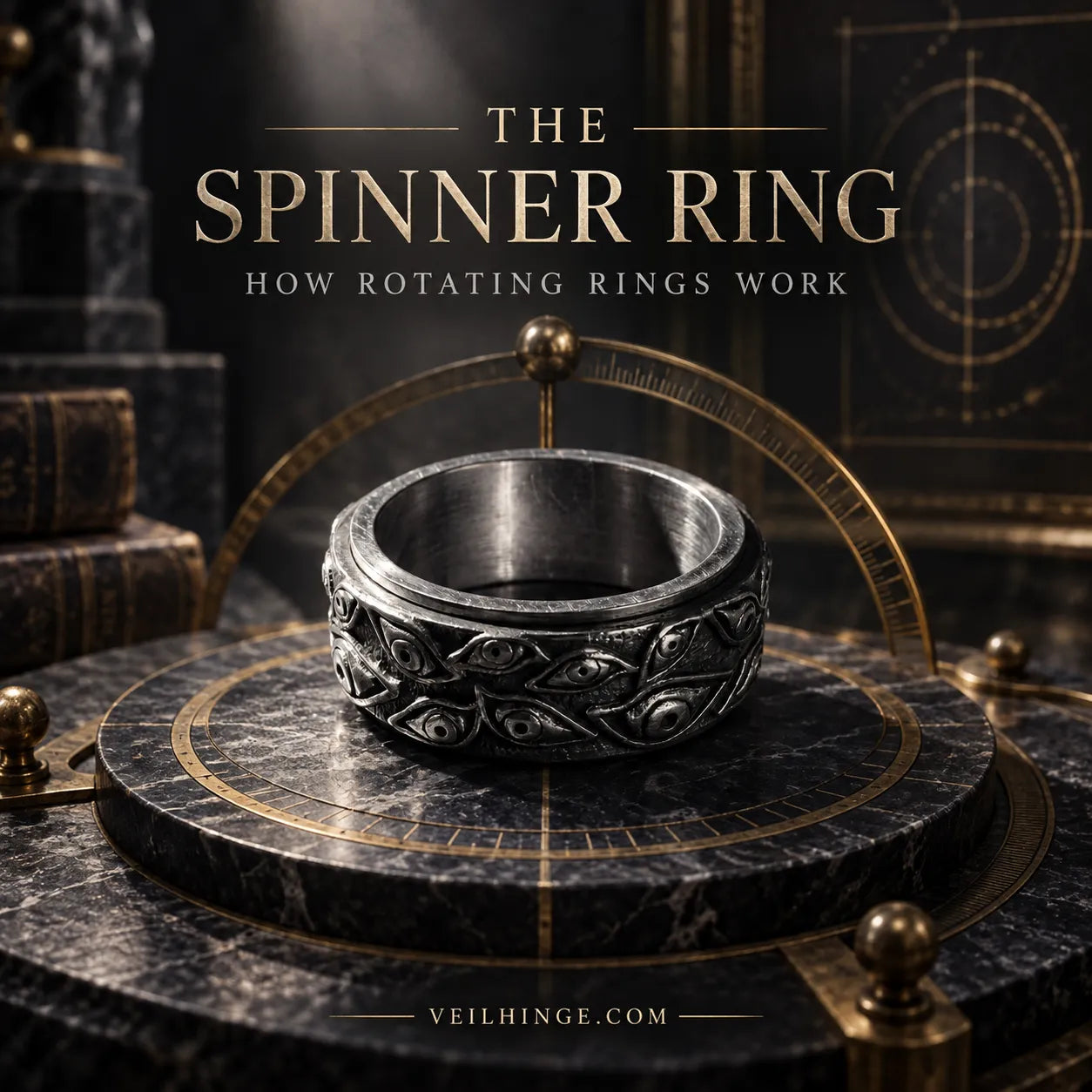 Antique-silver spinner ring with a rotating outer band illustrating how spinner rings work.