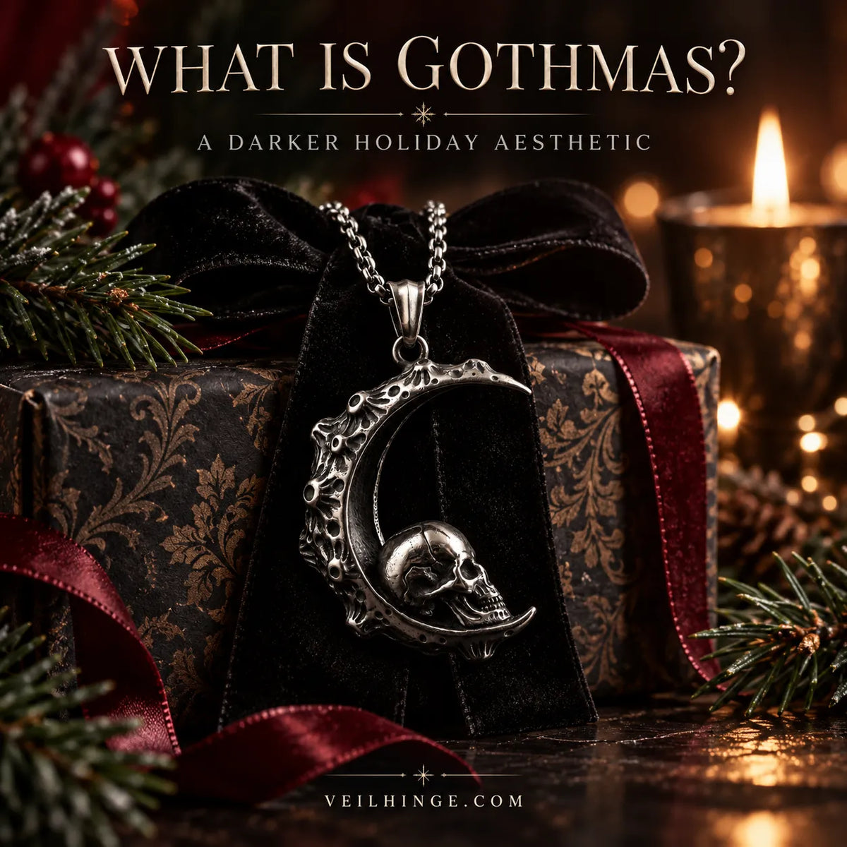 Celestial silver pendant on a black velvet holiday gift with evergreen branches and burgundy accents.