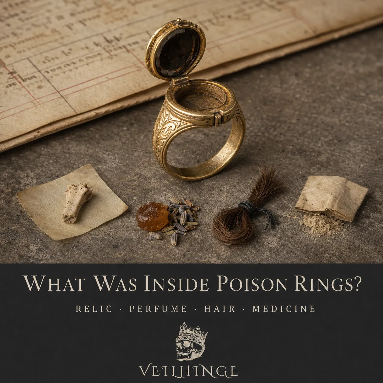 Open antique compartment ring displayed with a sacred relic fragment, solid perfume, tied lock of hair and medicinal powder.