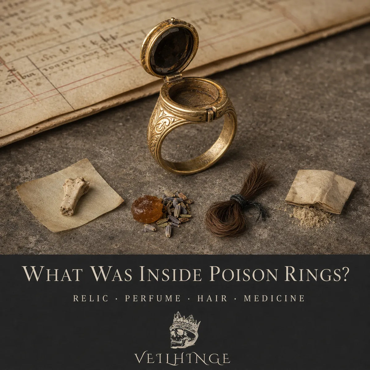 Open antique compartment ring displayed with a sacred relic fragment, solid perfume, tied lock of hair and medicinal powder.