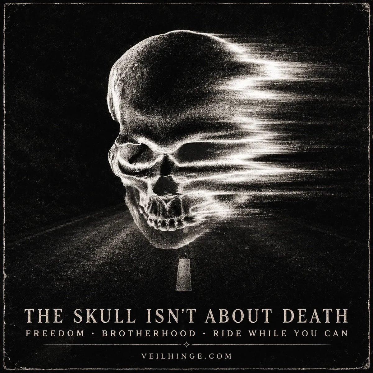 Monochrome human skull dissolving into horizontal speed trails above a dark open road.