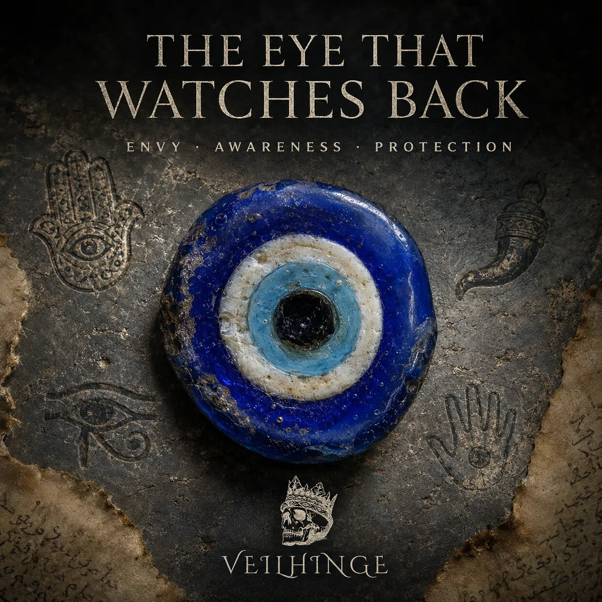 Weathered blue evil eye amulet surrounded by faint historical protection symbols beneath the title The Eye That Watches Back.