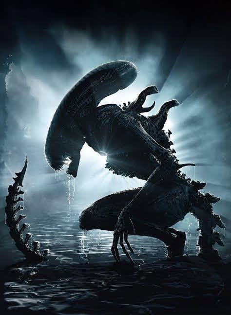 Xenomorph silhouette rising from dark water — biomechanical form, elongated skull, dorsal spines — dark sci-fi aesthetic