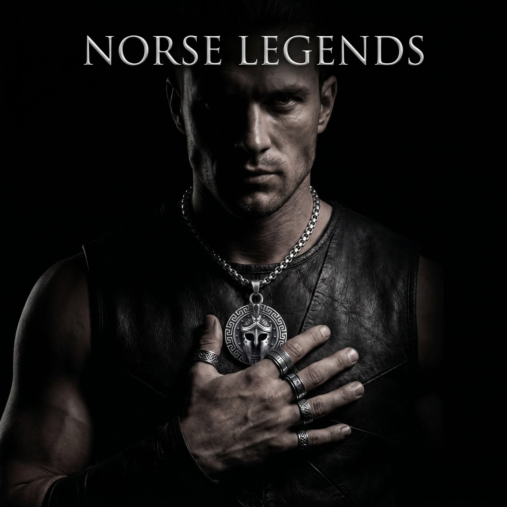 Norse Legends collection banner - Viking warrior wearing oxidized silver rune ring with mysterious Nordic aesthetic