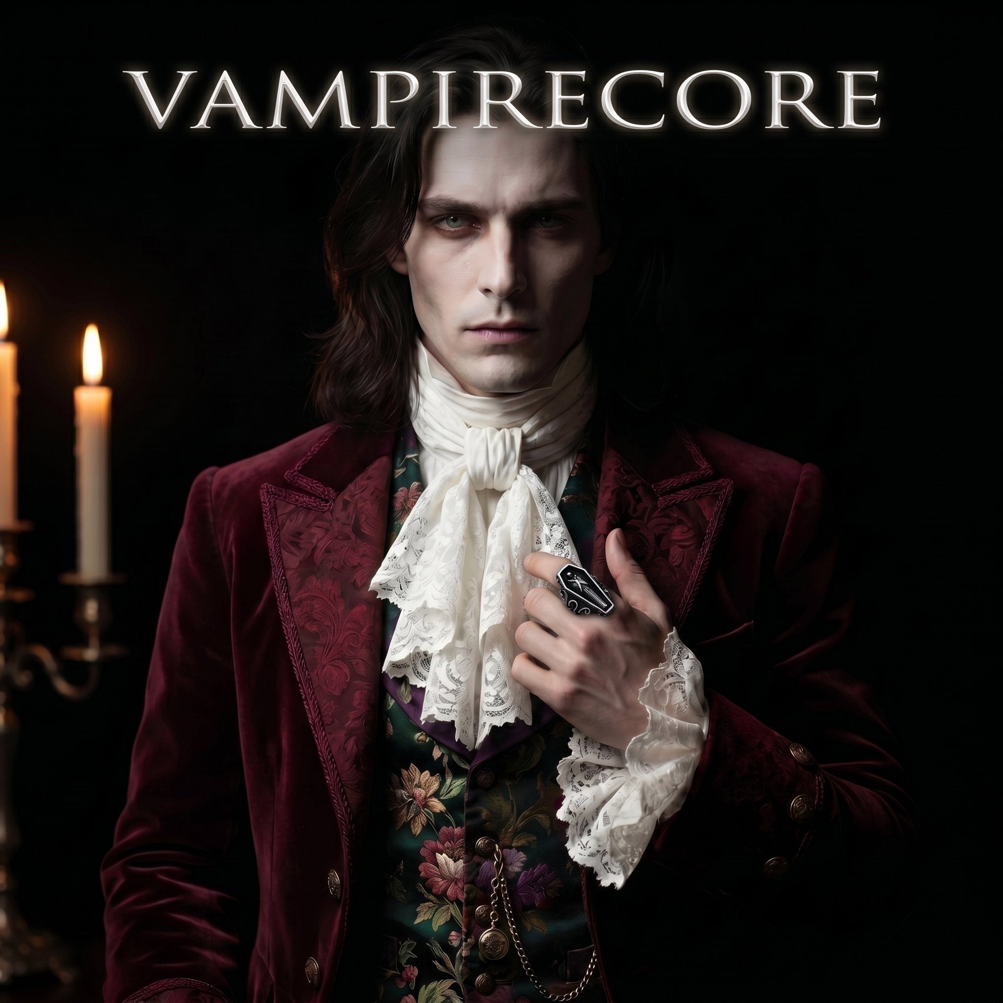 Vampirecore collection banner - Victorian vampire aristocrat wearing coffin skull ring with gothic romantic aesthetic