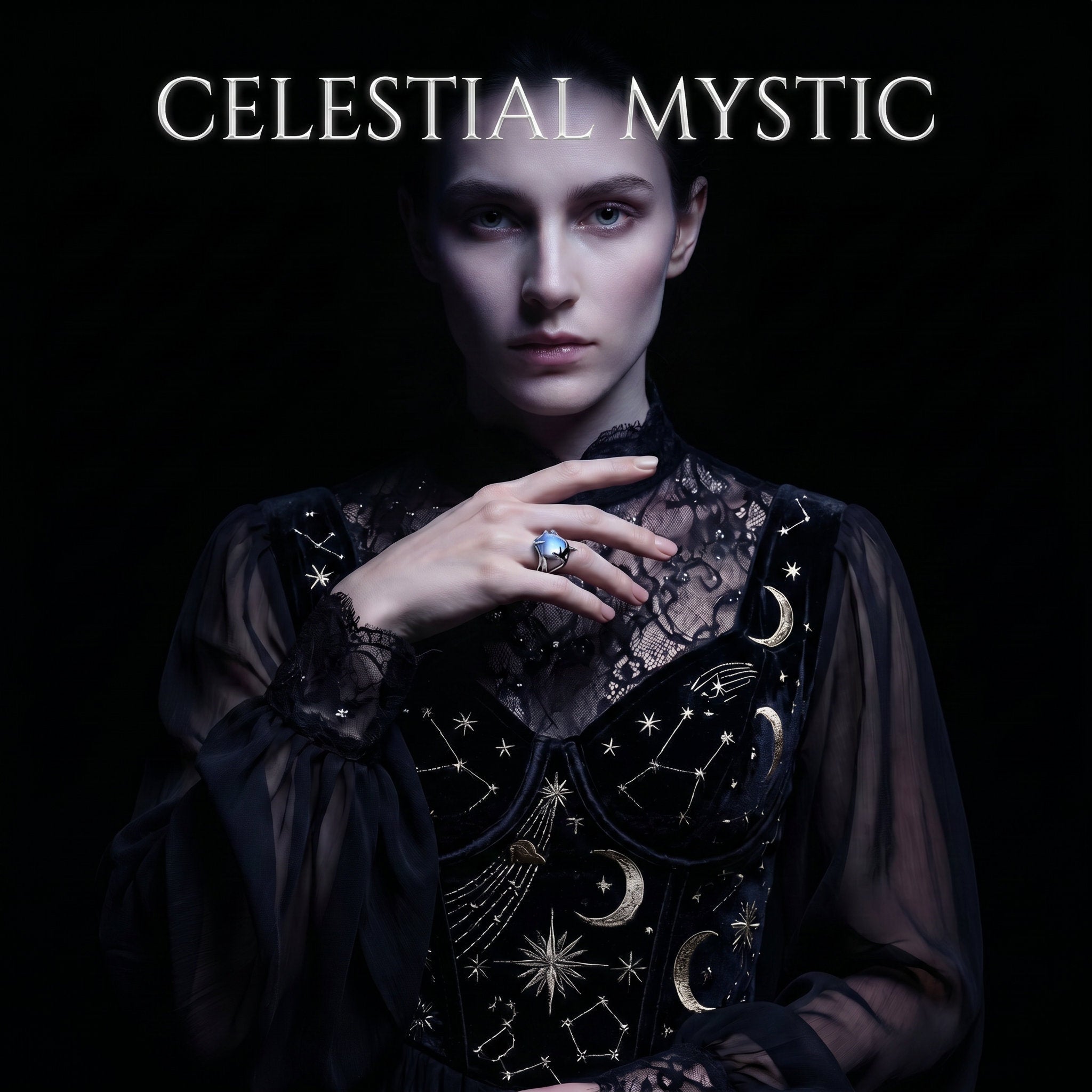 Celestial Mystic collection banner - Mystical woman wearing moonstone ring with celestial cosmic aesthetic and ethereal lighting